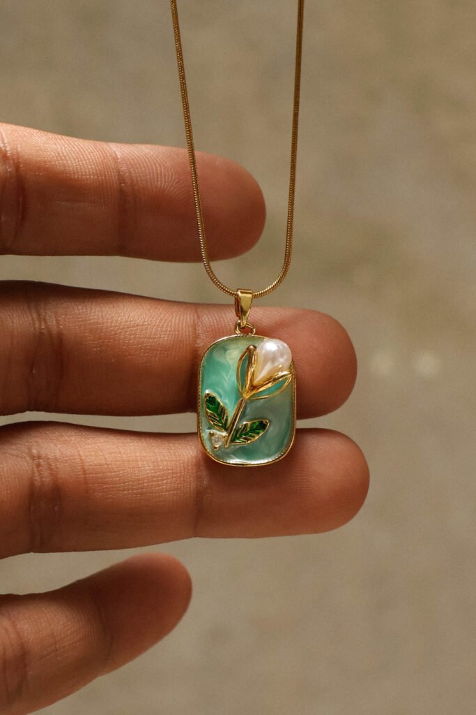 Blue Rectangle with Flower (Dreamy Rose Pendant)